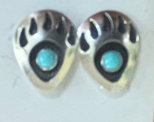 Sterling Silver Medium Bear Paw Shadowbox Studs with Turquoise