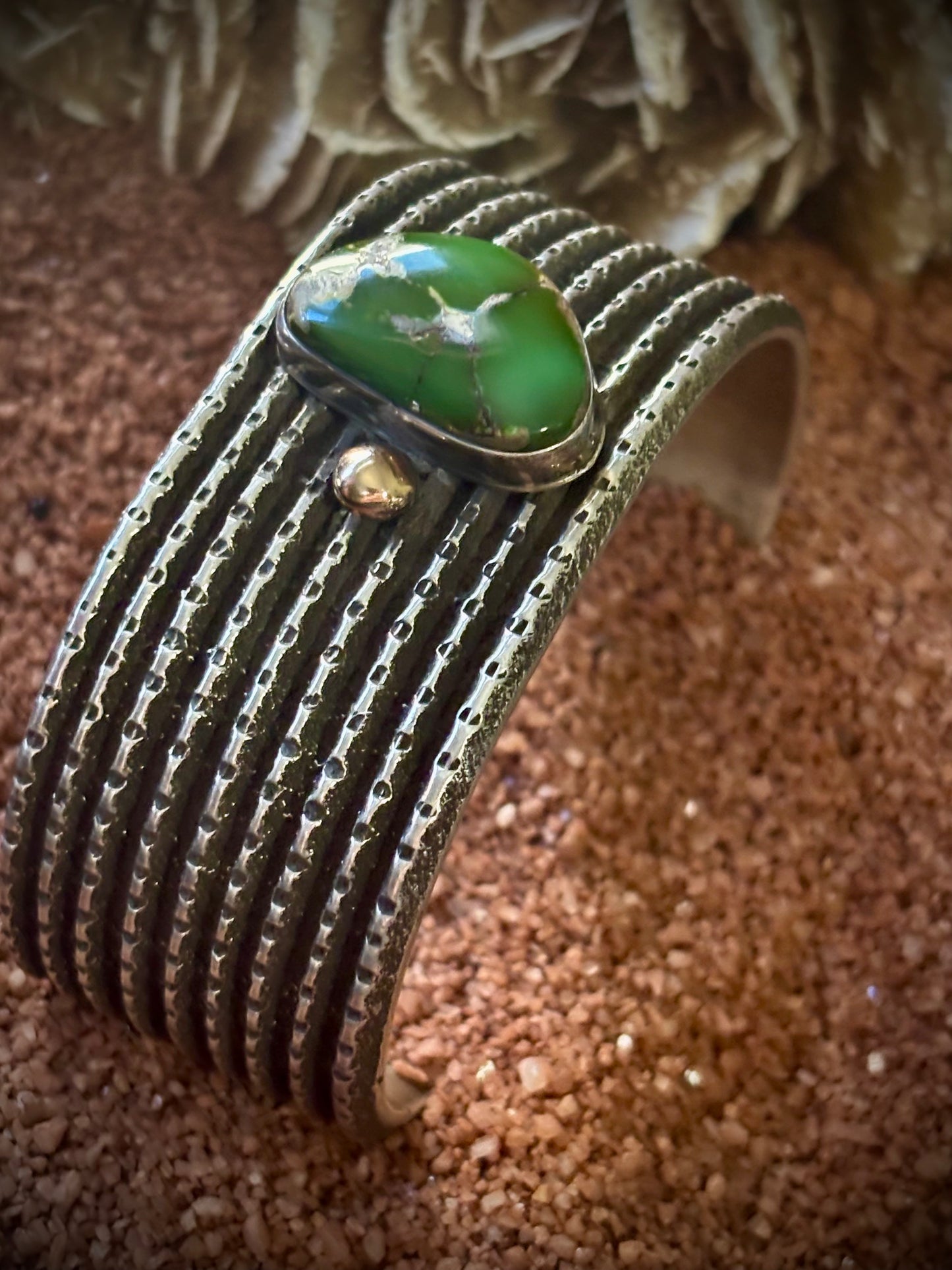 Stunning Tufa Cast Cuff with Olive Green Royston and 18ct Raindrop Embelishment by Arizona Anderson