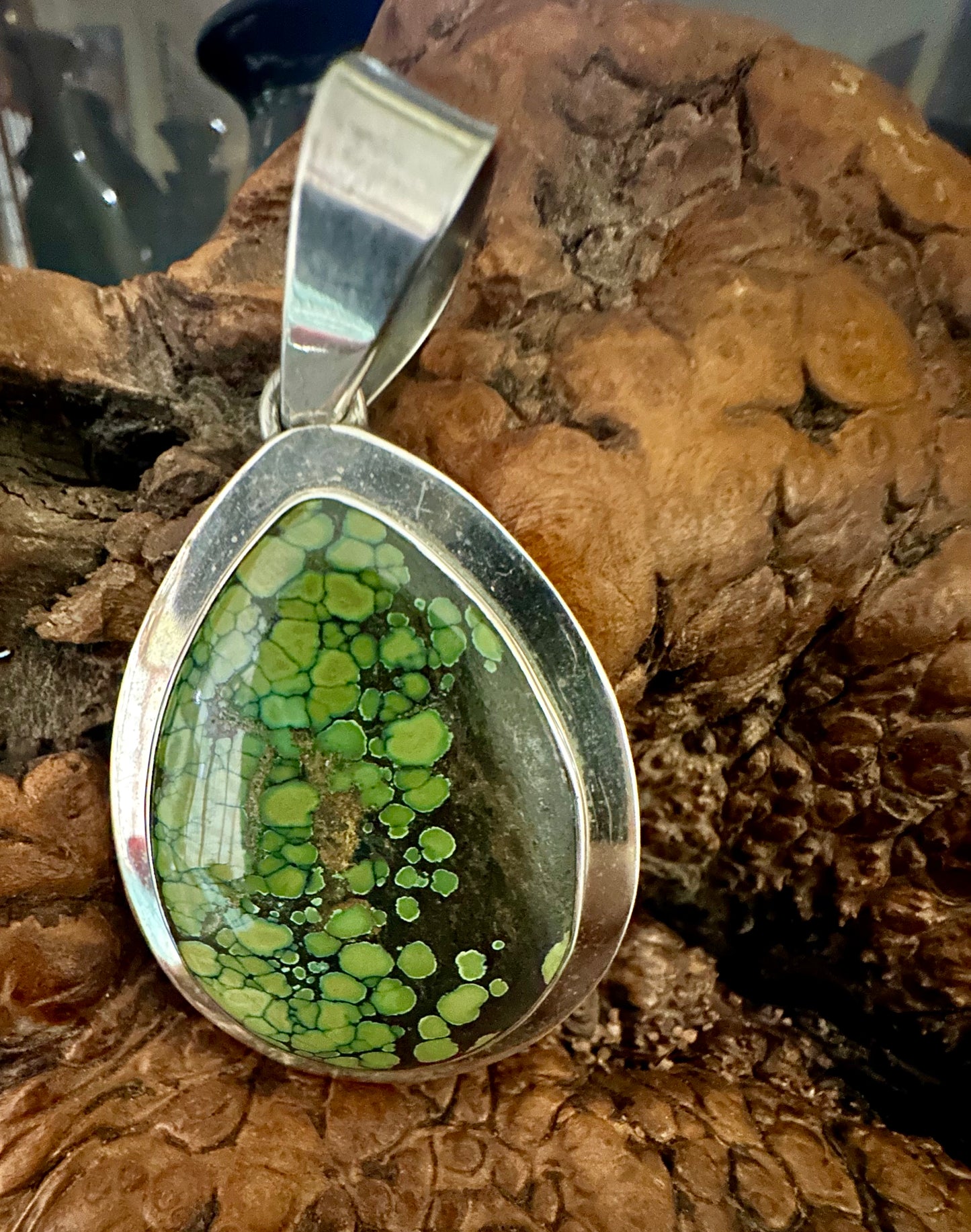 Large Polychrome Hubei Turquoise Teardrop Pendant with Wide Bezel by Dan Dodson