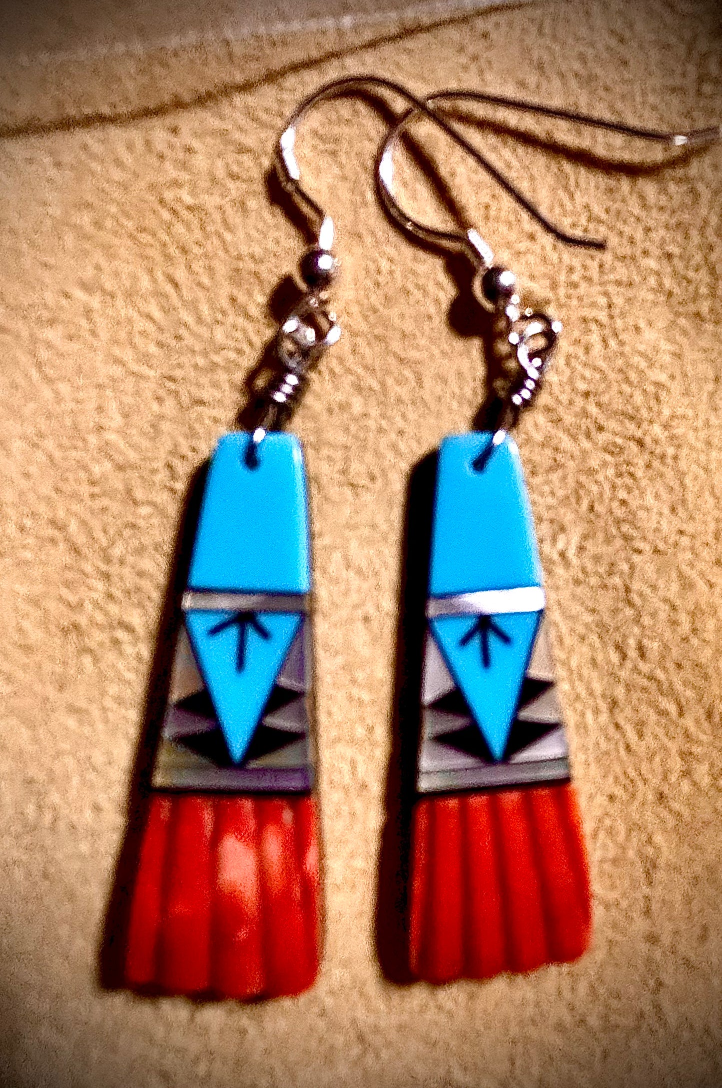 Zuni Handmade Spiny Oyster with Inlay Dangle Earrings – Sterling Silver Hooks