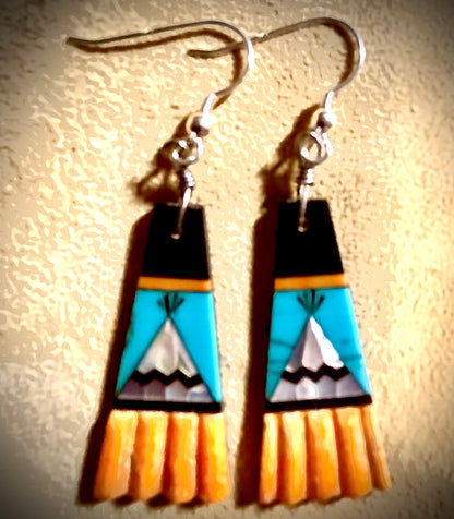 Zuni Handmade Spiny Oyster with Inlay Dangle Earrings – Sterling Silver Hooks