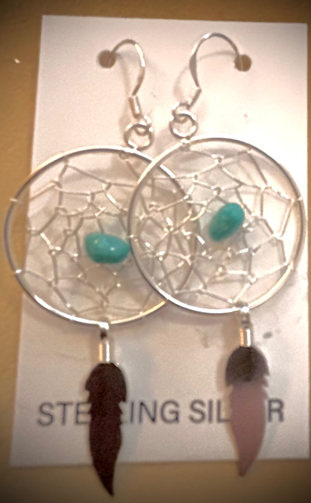 Earring, Dreamcatcher w/ Single turquoise beads & feather dangle