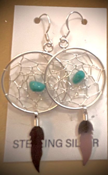 Earring, Dreamcatcher w/ Single turquoise beads & feather dangle