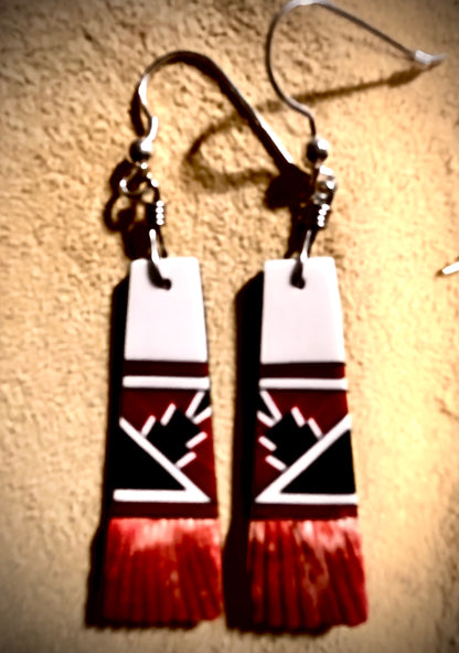 Zuni Handmade Spiny Oyster with Inlay Dangle Earrings – Sterling Silver Hooks