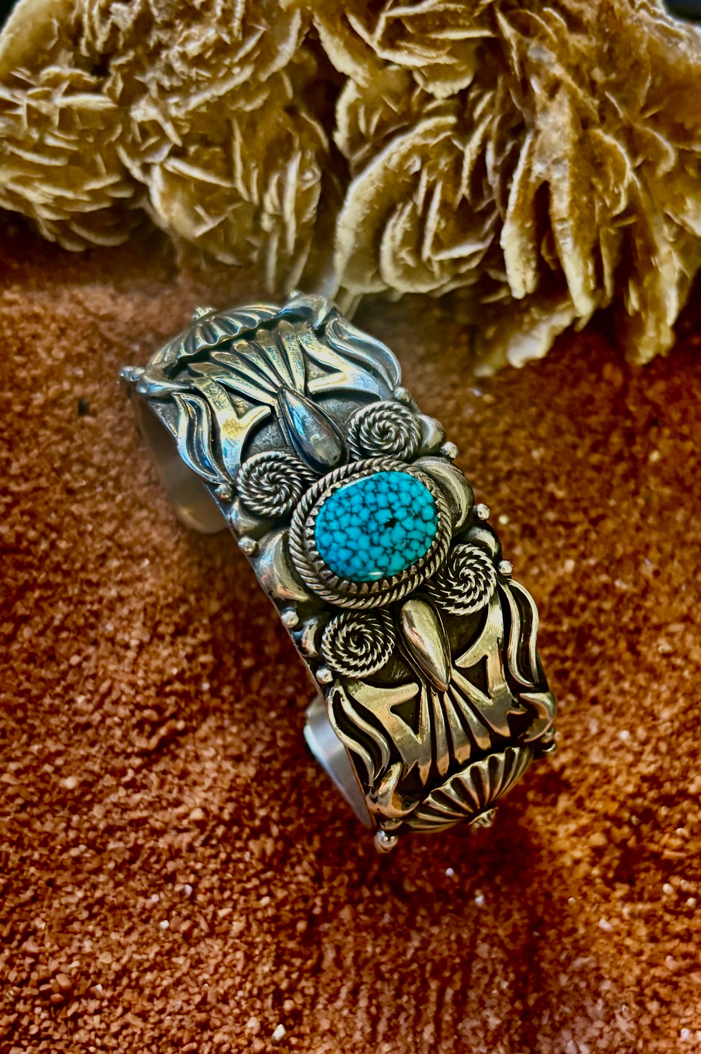 Heavy Peyote and Curled Rope Overlay Cuff with Round Kingman Spiderweb by Delbert Gordon (Copy)