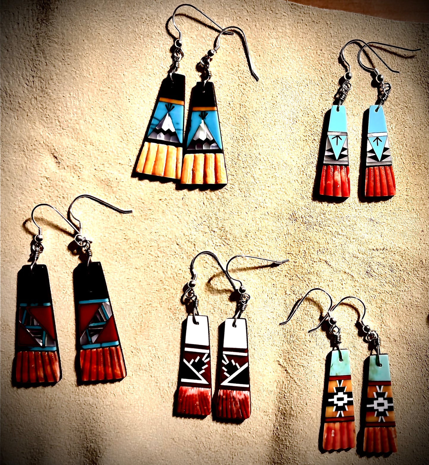 Zuni Handmade Spiny Oyster with Inlay Dangle Earrings – Sterling Silver Hooks