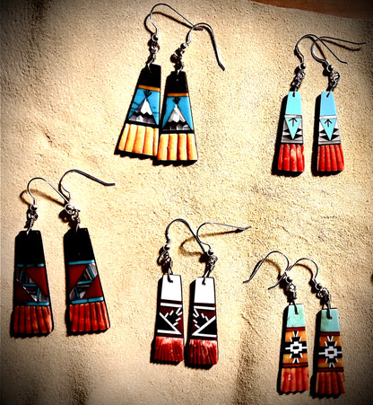 Zuni Handmade Spiny Oyster with Inlay Dangle Earrings – Sterling Silver Hooks