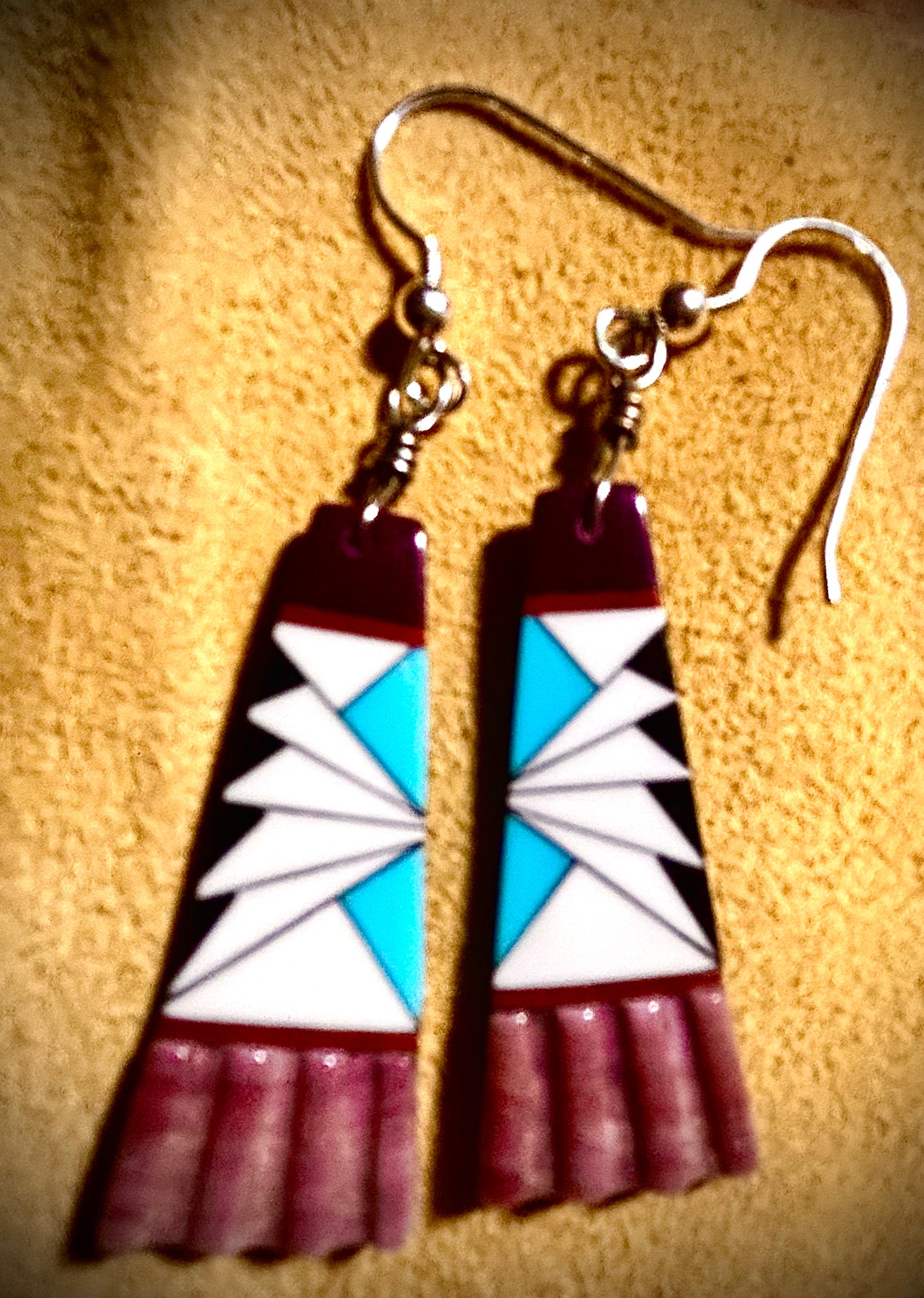 Zuni Handmade Spiny Oyster with Inlay Dangle Earrings – Sterling Silver Hooks