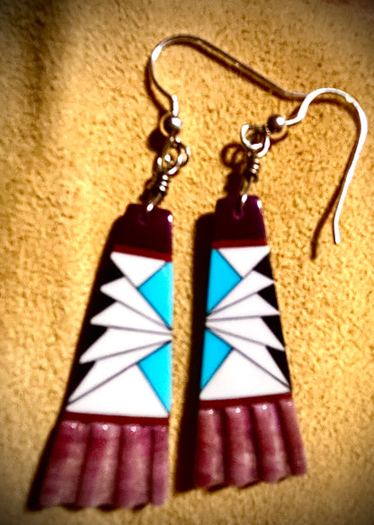 Zuni Handmade Spiny Oyster with Inlay Dangle Earrings – Sterling Silver Hooks