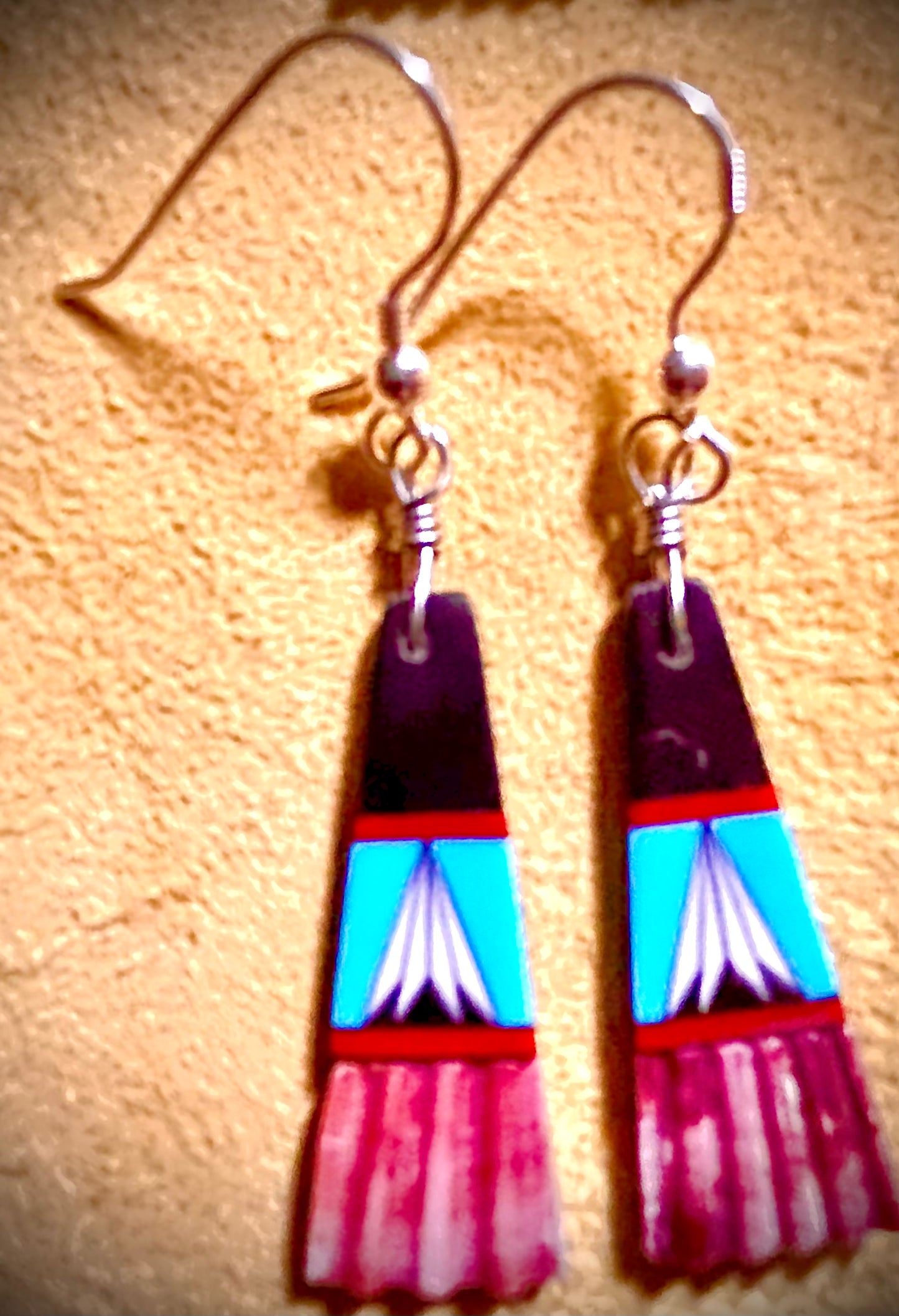Zuni Handmade Spiny Oyster with Inlay Dangle Earrings – Sterling Silver Hooks
