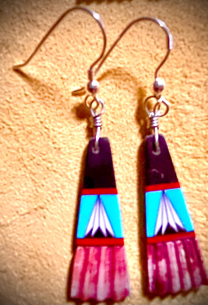 Zuni Handmade Spiny Oyster with Inlay Dangle Earrings – Sterling Silver Hooks