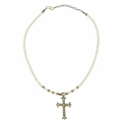 20” Moonstone and Silver Necklace with Dan Dodson Cross Pendant
