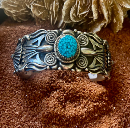 Heavy Peyote and Curled Rope Overlay Cuff with Round Kingman Spiderweb by Delbert Gordon (Copy)
