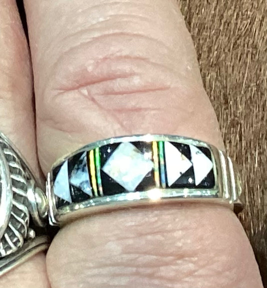 Ring, Zuni Inlay Opal, Onyx, white Buffalo & Sterling Silver, Rick Torino, size 13.5