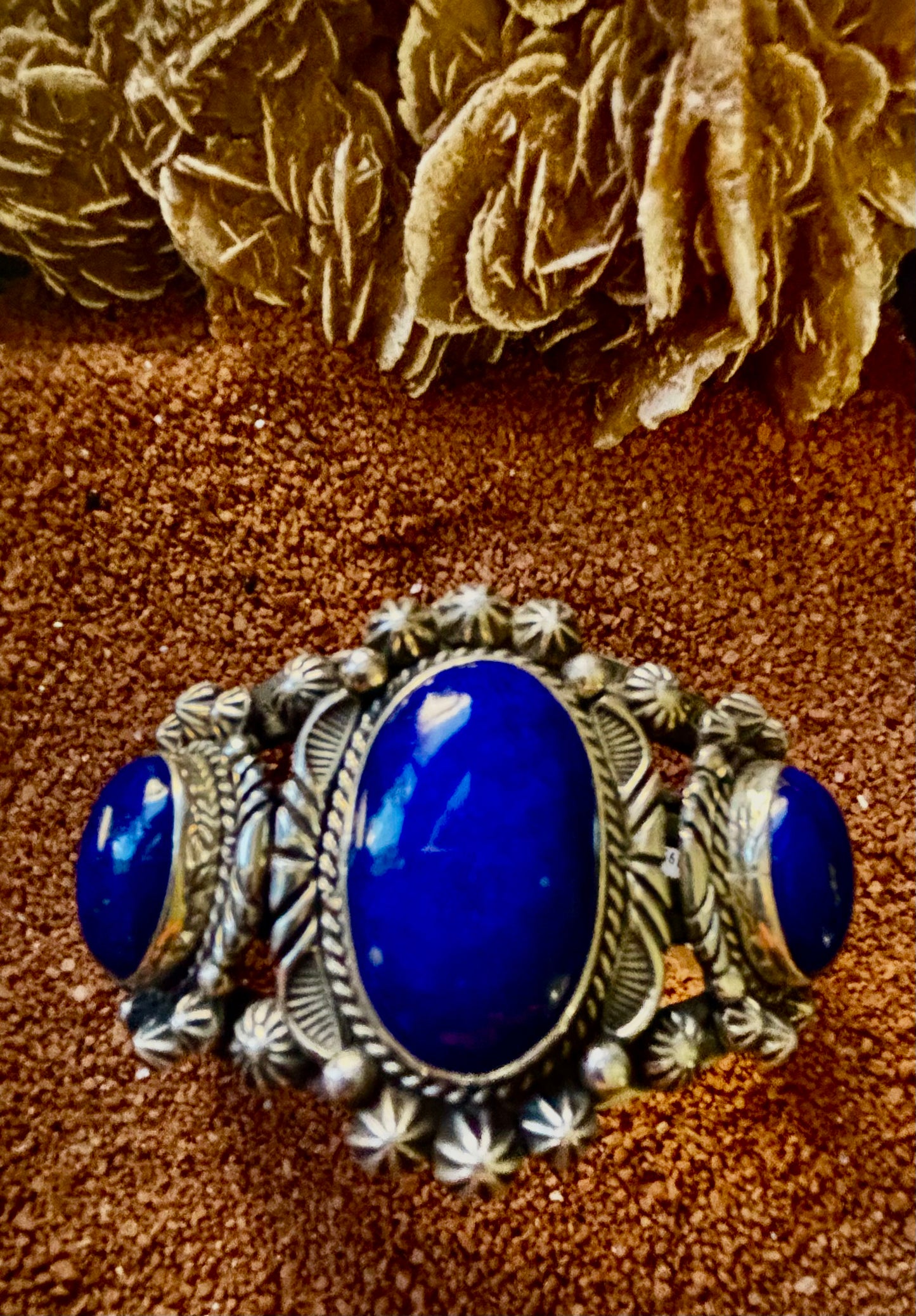 Lapis Lazuli 3-Ovals Cuff, by Navajo Artisan Rick Werito