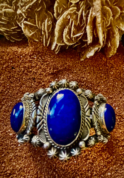 Lapis Lazuli 3-Ovals Cuff, by Navajo Artisan Rick Werito