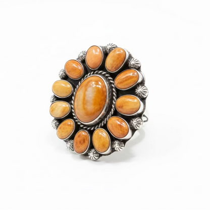 Orange Spiny Oyster Cluster Ring, Adjustable, Navajo