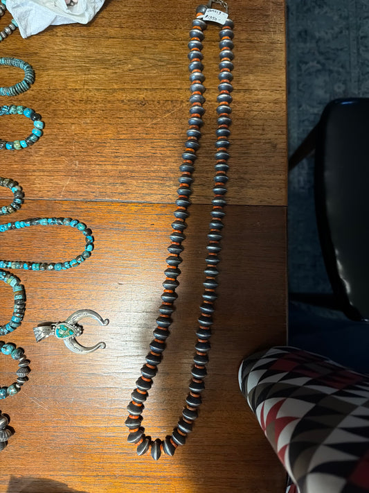 37-38” 14mm Navajo Saucers with 10mm Apple Coral Spacers Necklace, Native American, TN