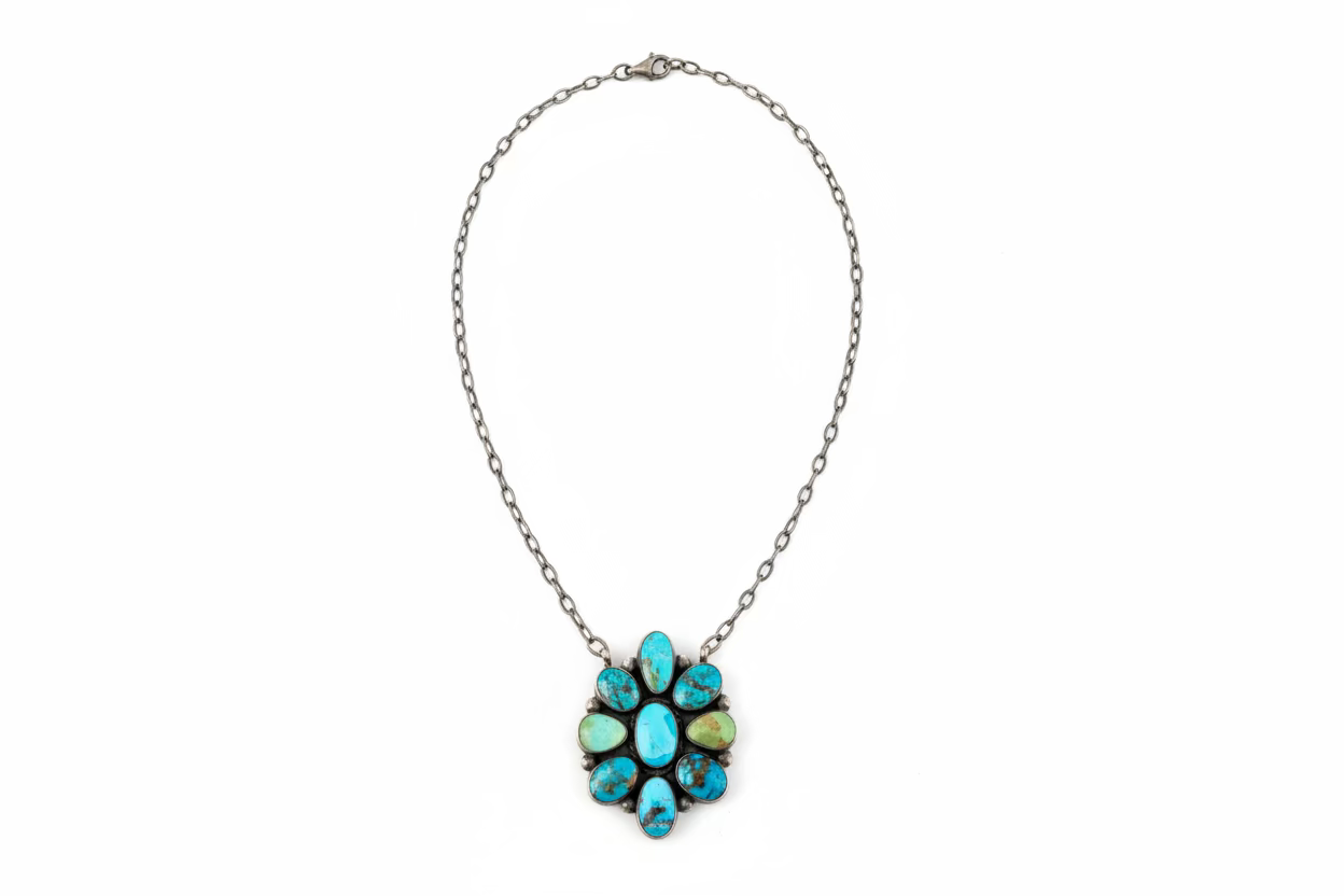 Royston Turquoise Nine-Stone Freeform Cluster Bar Necklace, 24", Navajo