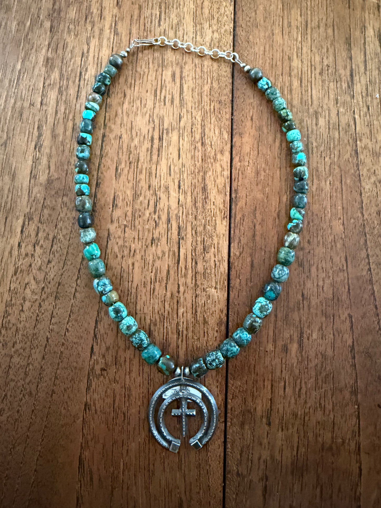 18” Cloud Mountain Barrel Bead Necklace with Oxidized Naja Pendant