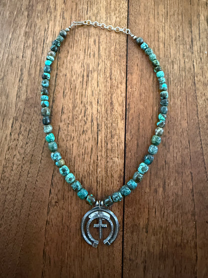 18” Cloud Mountain Barrel Bead Necklace with Oxidized Naja Pendant