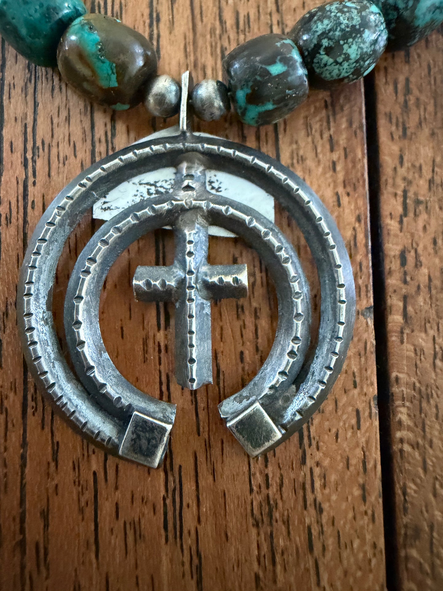 18” Cloud Mountain Barrel Bead Necklace with Oxidized Naja Pendant