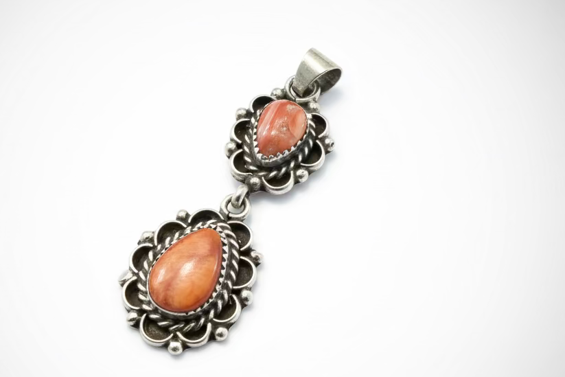 Double Drop Orange Spiny Pendant with Ornate Bezel, M Hallmark