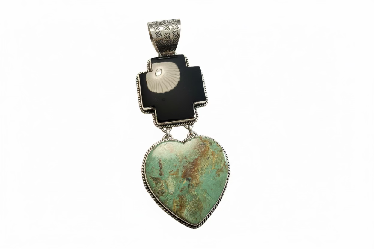 The Bleeding Heart Pendant by Turquoise Mustang — Sage Green Kingman and Black Onyx