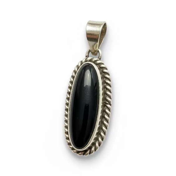 Petite Long Oval Black Onyx Pendant in Sterling Silver with Rope Bezel, Skeets