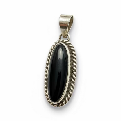 Petite Long Oval Black Onyx Pendant in Sterling Silver with Rope Bezel, Skeets