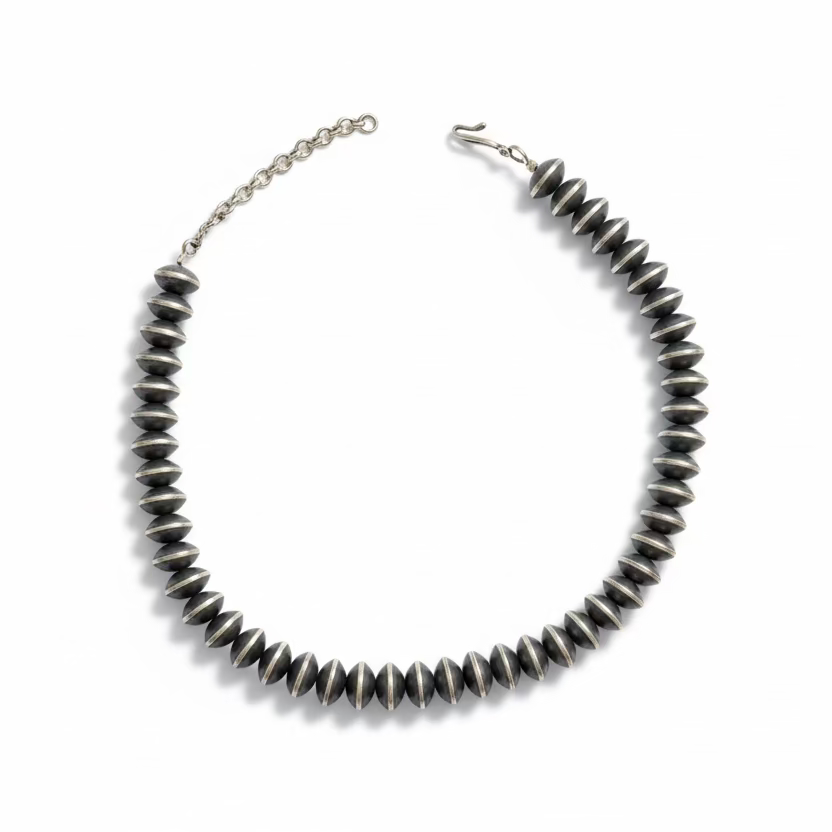 10mm Navajo Sterling Silver Fat Saucer Pearl Necklace by Turquoise Mustang