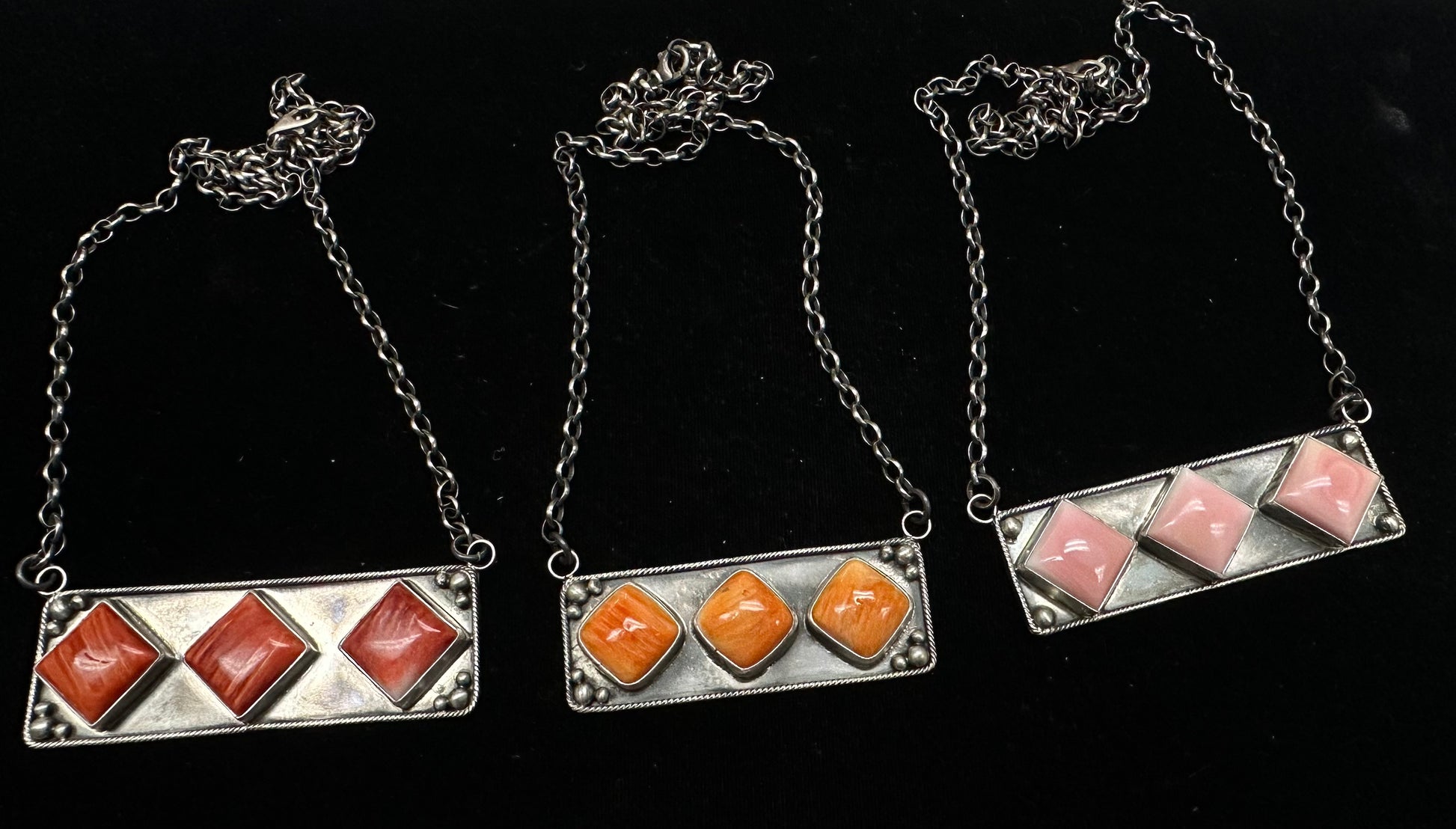 Trudy 3-Stone Bar Necklace crafted from Pink Conch, an exquisite Necklaces designed by Rays.