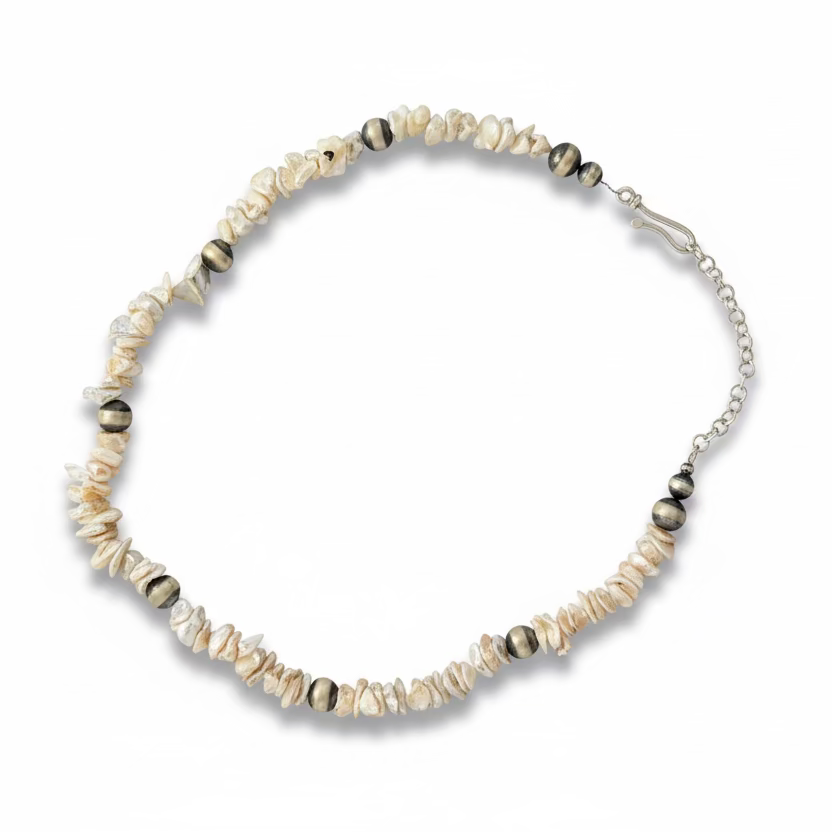 Freeform Freshwater Pearl and Mustang Silver Pearl Necklace, 19", Turquoise Mustang