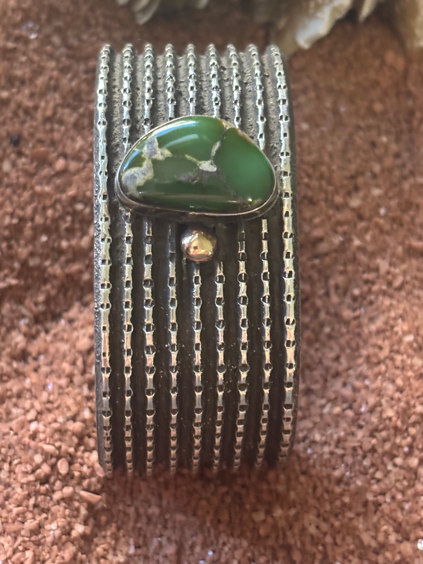 Stunning Tufa Cast Cuff with Olive Green Royston and 18ct Raindrop Embelishment by Arizona Anderson