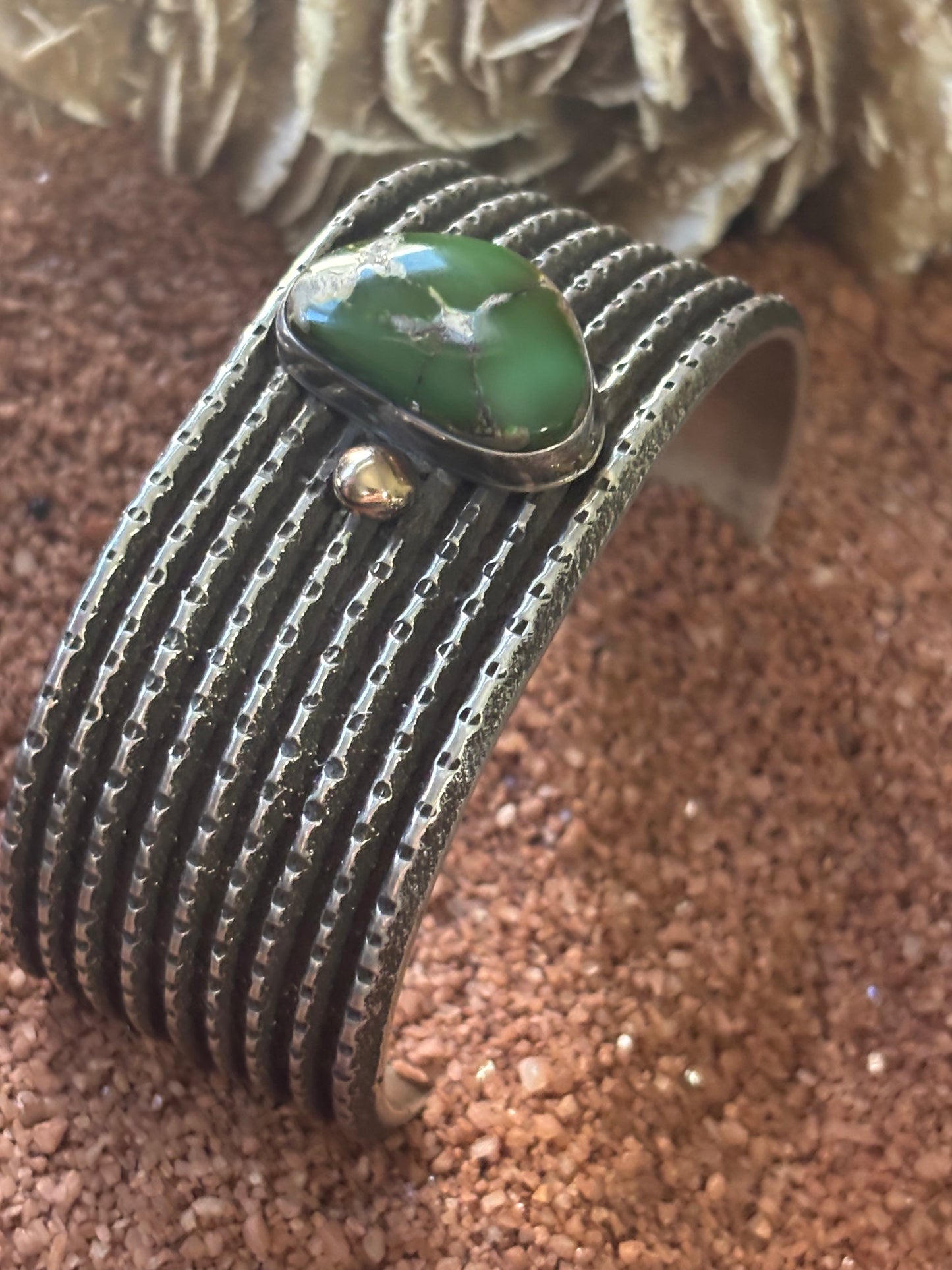 Stunning Tufa Cast Cuff with Olive Green Royston and 18ct Raindrop Embelishment by Arizona Anderson
