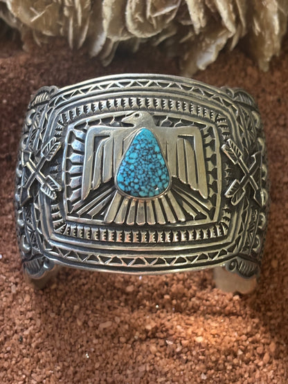Wide Thunderbird Cuff w Spider Web Turquouse Center stone,  by JO White