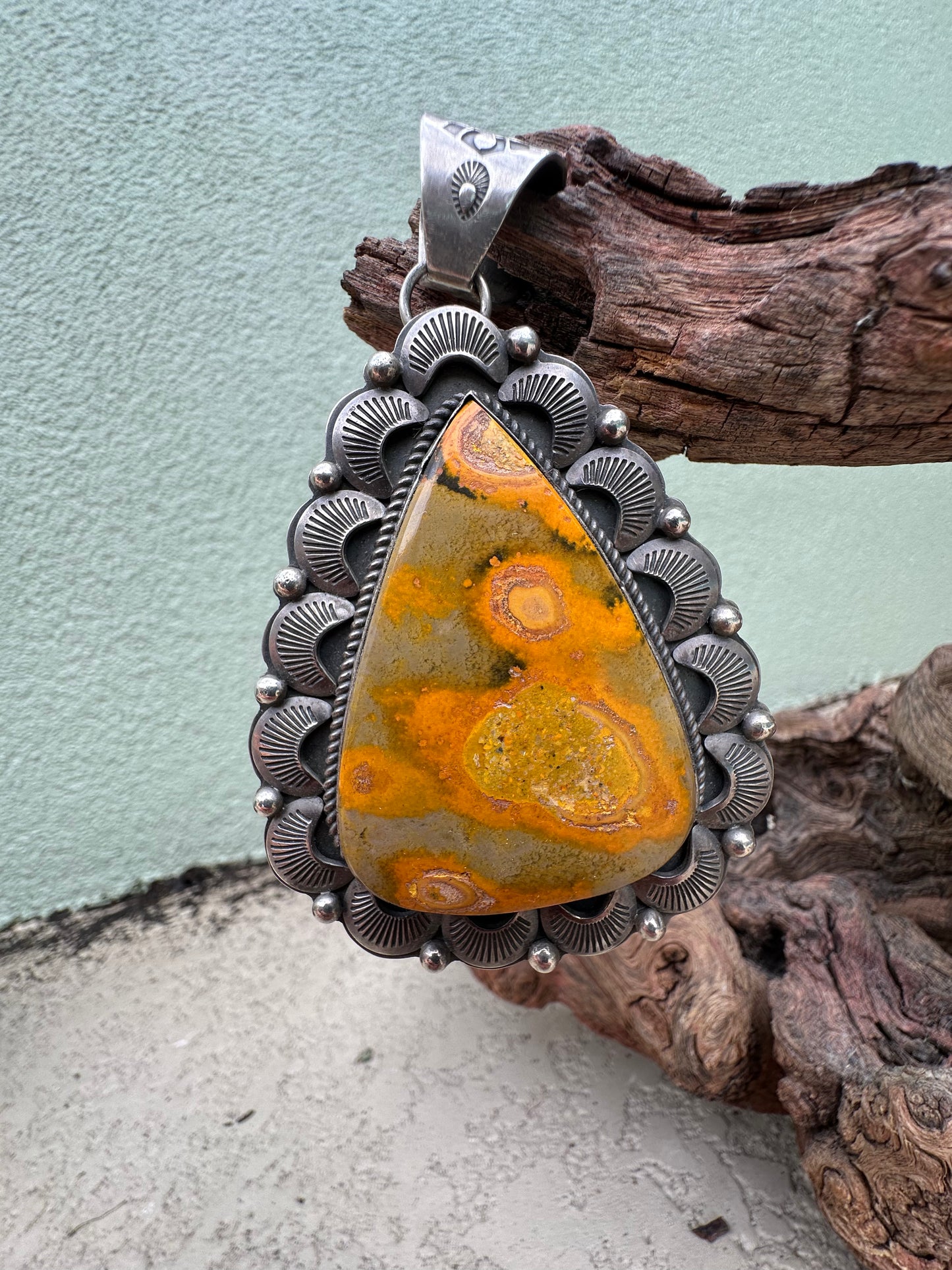 Bumblebee Jasper Teardrop Pendant with Scallop Overlay and Rope Bezel by Gilbert Platero, Navajo