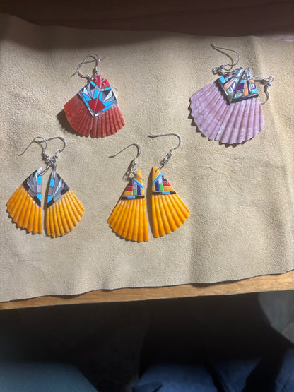 Wide Zuni Handmade Spiny Oyster with Inlay Dangle Earrings – Sterling Silver Hooks