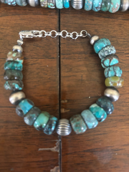 Bracelet, 12mm Polychrome Hubei Turquoise Rondelles with Navajo Pearls and Sterling clasp, Turquoise Mustang