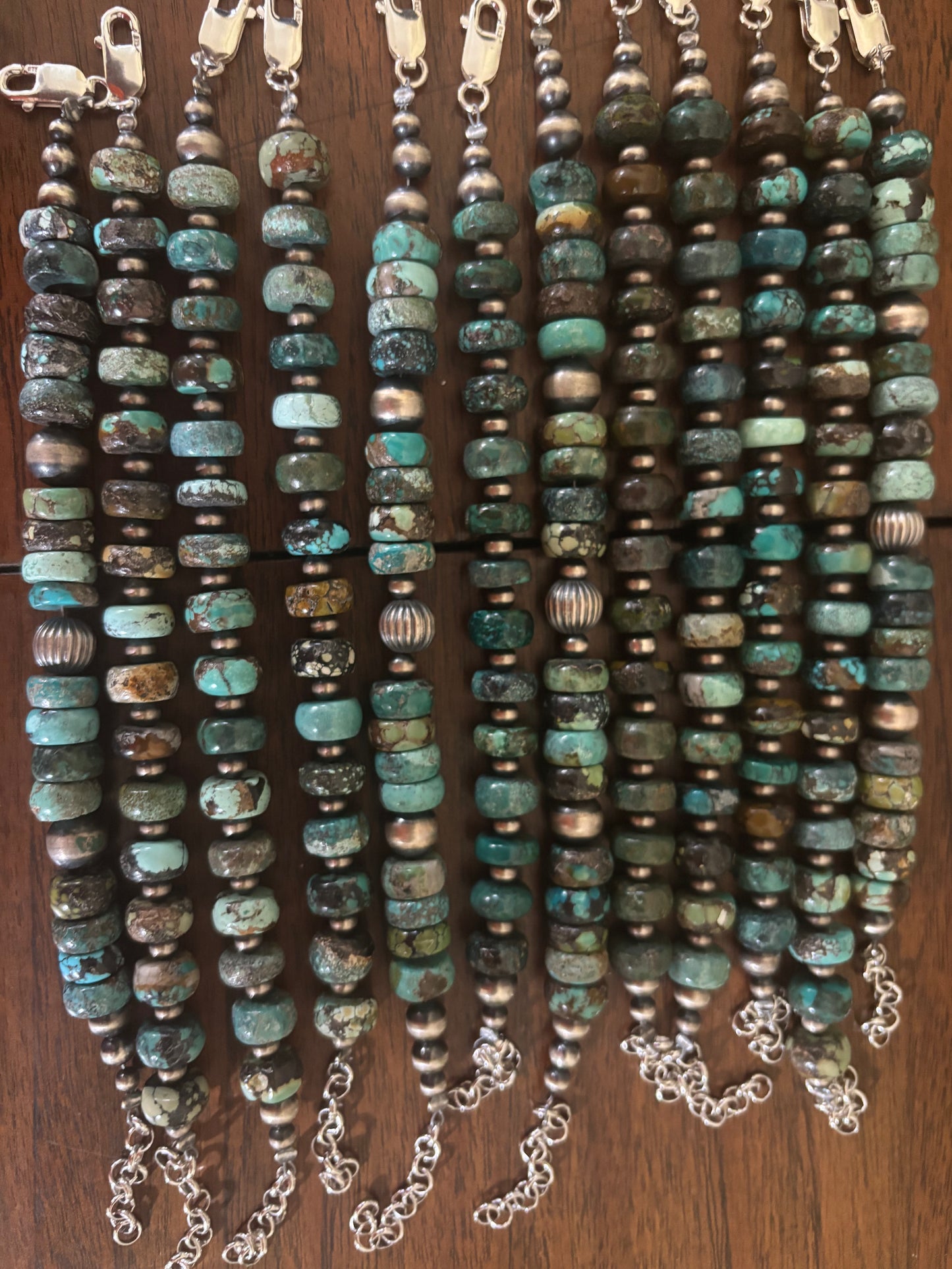 Bracelet, 12mm Polychrome Hubei Turquoise Rondelles with Navajo Pearls and Sterling clasp, Turquoise Mustang