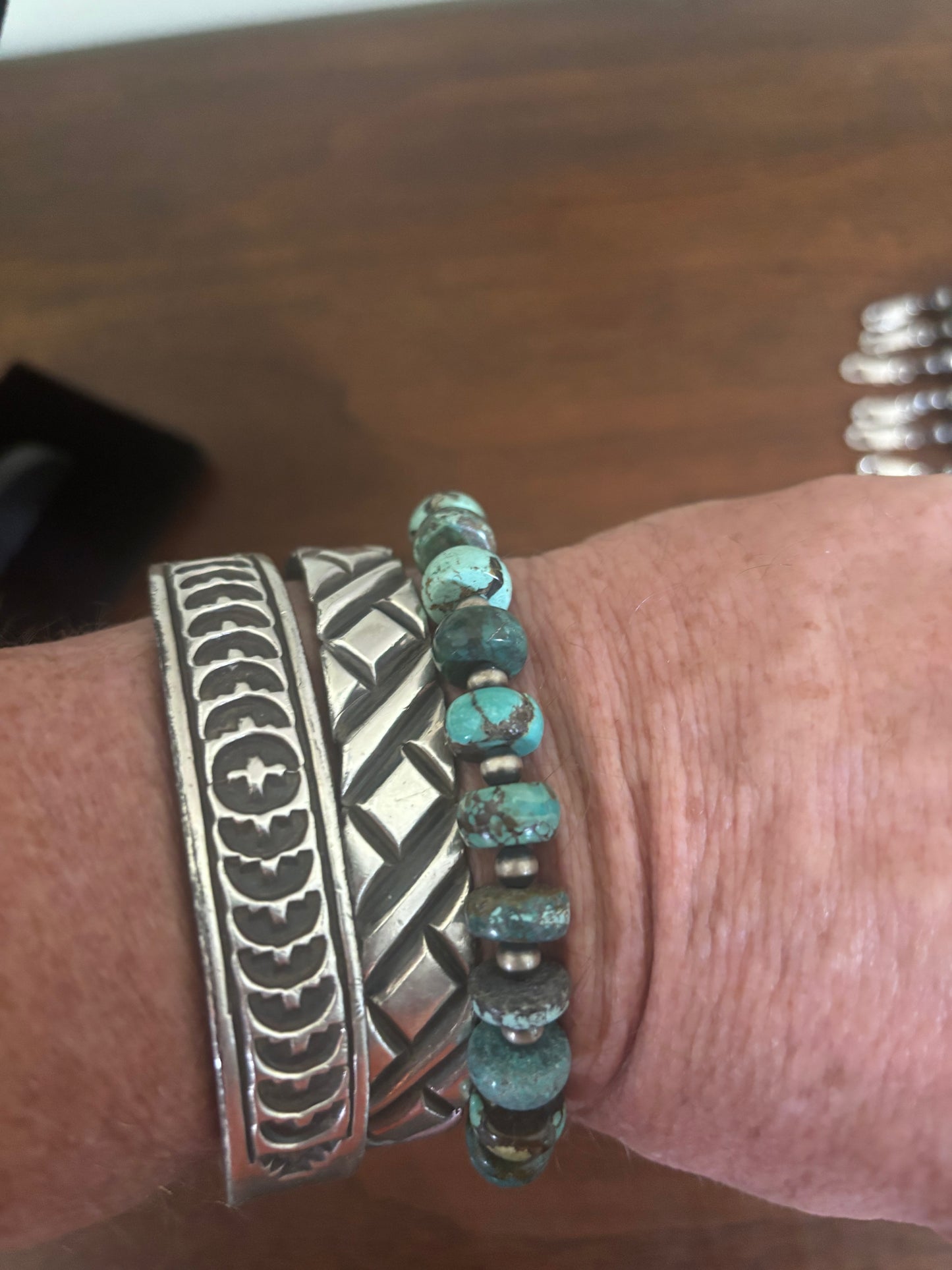 Bracelet, 12mm Polychrome Hubei Turquoise Rondelles with Navajo Pearls and Sterling clasp, Turquoise Mustang
