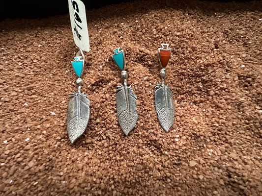 Petite Sterling Silver Feather Pendant with Turquoise or Coral Inlay