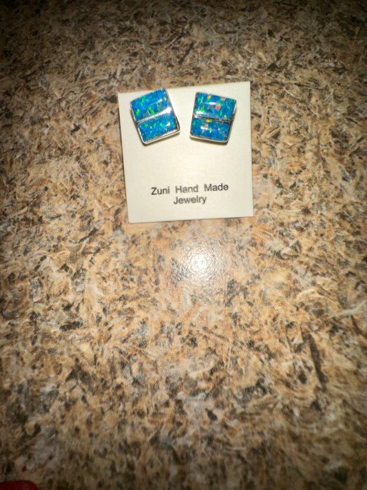 Zuni Handmade Opal Inlay Stud Earrings – Sterling Silver