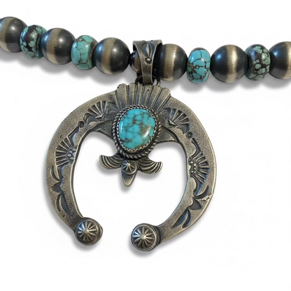 Navajo Pearl & Cloud Mountain Turquoise Squash Blossom Necklace with Pilot Mountain Naja, EL Billah (Navajo)