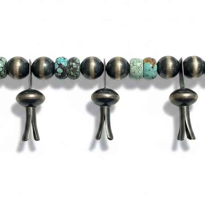 Navajo Pearl & Cloud Mountain Turquoise Squash Blossom Necklace with Pilot Mountain Naja, EL Billah (Navajo)