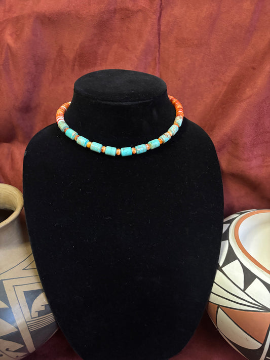 14” Orange Spiny Oyster & Turquoise Choker Necklace