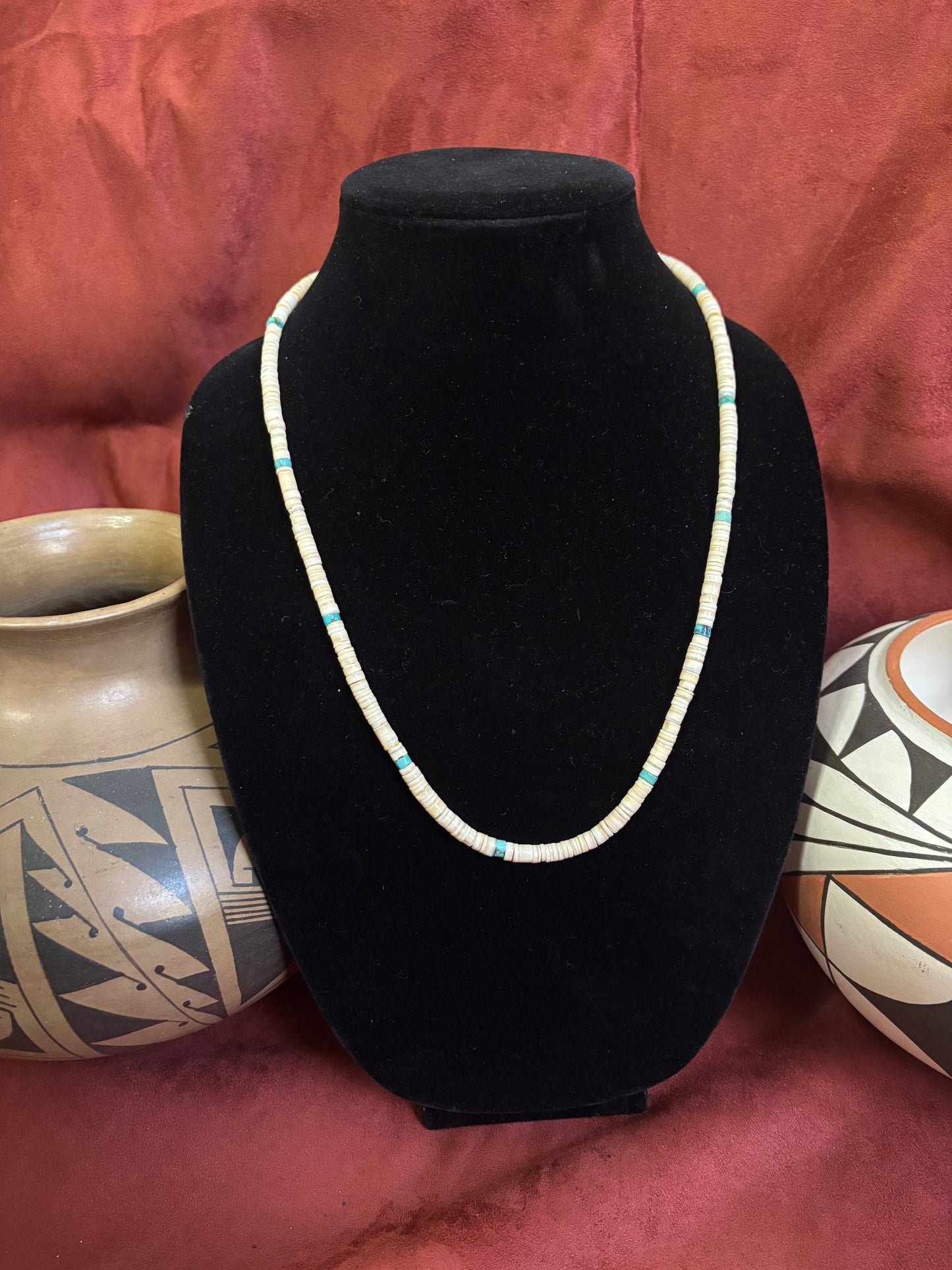 25” Cream Melon Shell & Kingman Turquoise Necklace