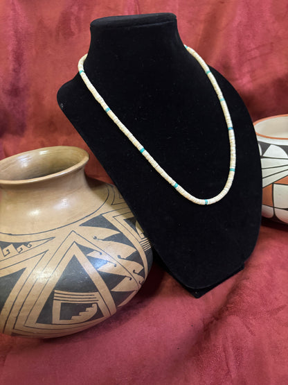 25” Cream Melon Shell & Kingman Turquoise Necklace