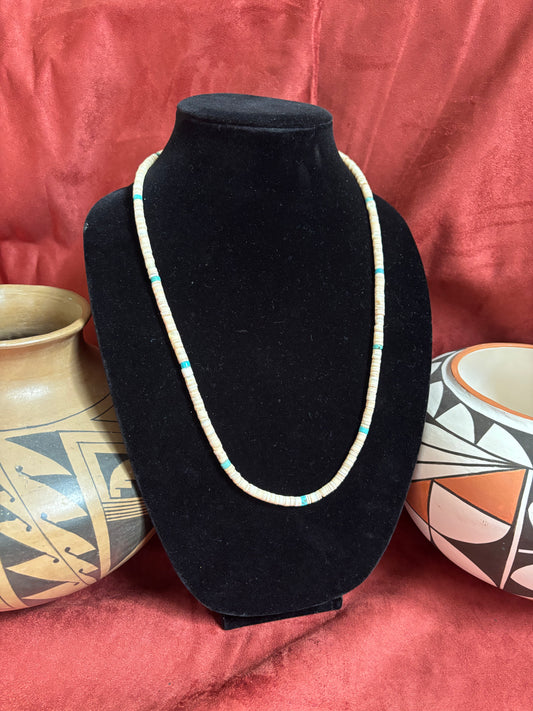 27” Cream Melon Shell & Kingman Turquoise Necklace