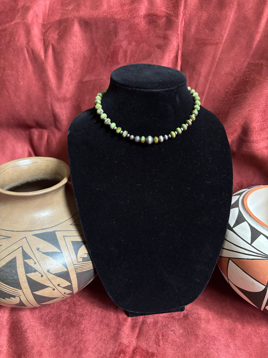 14” Gaspeite & Silver Pearl Choker Necklace